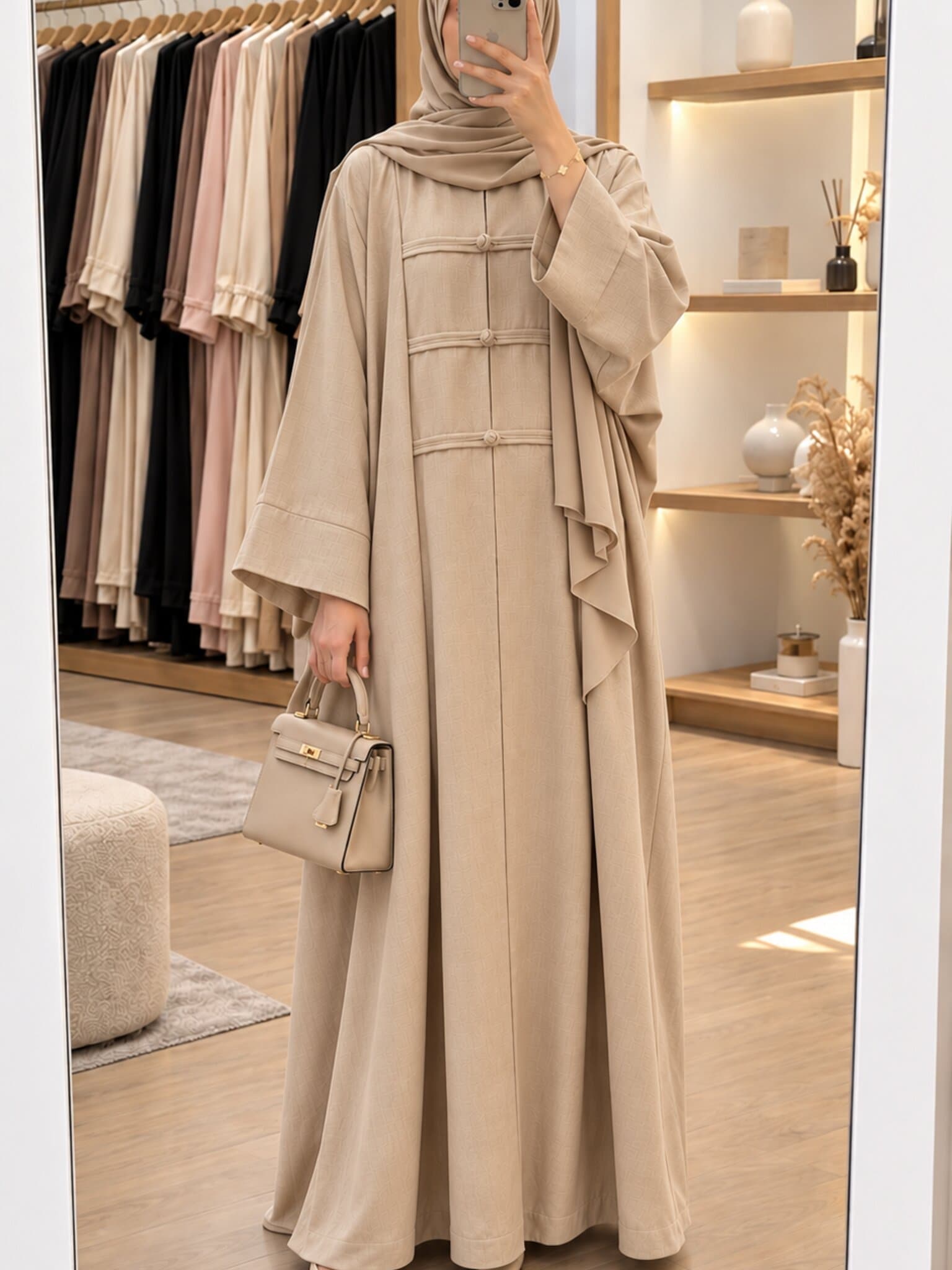 Abaya Lian beige portée en boutique, avec un sac à main assorti